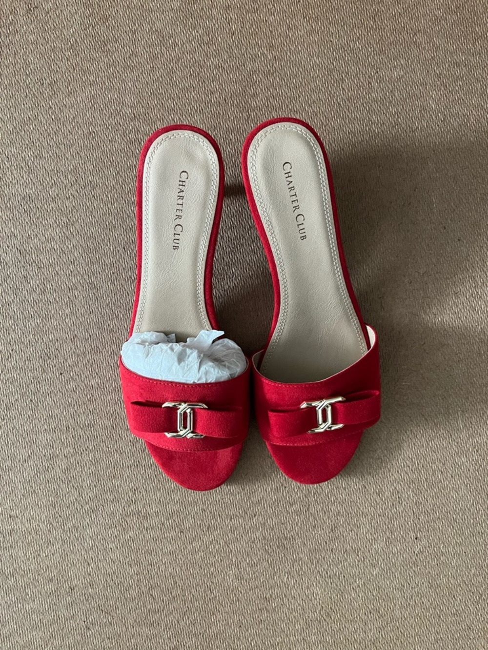 Charter Club Red Suede Slide Mules with Gold Accent